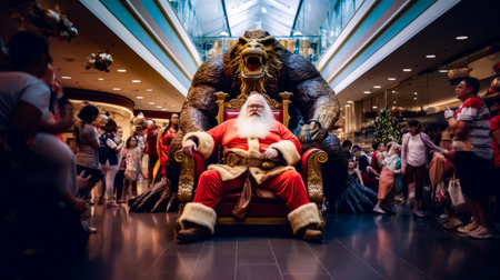 Man dressed as santa claus sitting in giant chair in mall. Generative AI.の素材