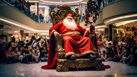 Man dressed as santa claus sitting on golden throne in mall. Generative AI.の素材
