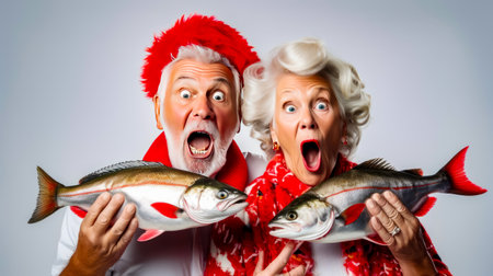 Man and woman dressed as santa claus with fish in their hands. Generative AI.の素材