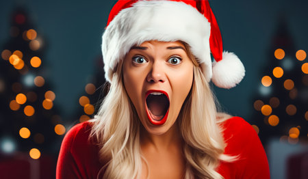 Woman in santa hat making surprised face with her mouth open. Generative AI.の素材