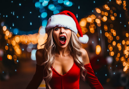 Woman wearing santa hat and making funny face with her mouth open. Generative AI.の素材
