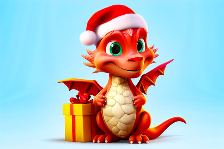 Red dragon sitting next to gift box with santa hat on. Generative AI.の素材