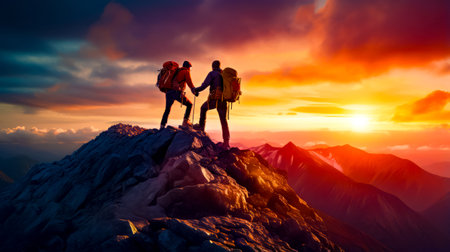 Couple of people standing on top of mountain with backpacks on. Generative AI.の素材