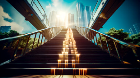 Set of stairs leading up to the sky with skyscrapers in the background. Generative AI.の素材