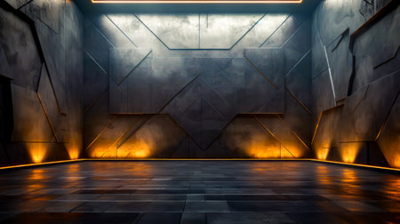 Empty room with neon light on the wall and black floor. Generative AI.の素材