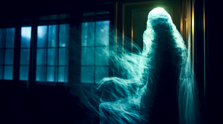 Blurry image of woman in dark room with window. Generative AI.の素材