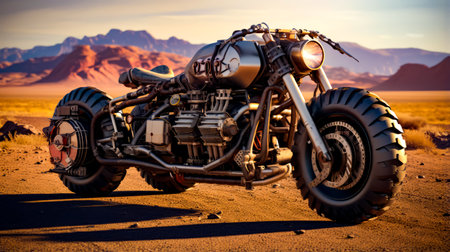 Motorcycle is parked in the desert with mountain in the back ground. Generative AI.の素材