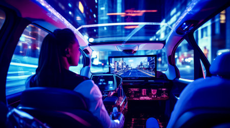 Woman sitting in the back of car while playing video game. Generative AI.の素材