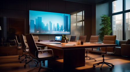 Conference room with large screen and laptop on desk in front of it. Generative AI.の素材