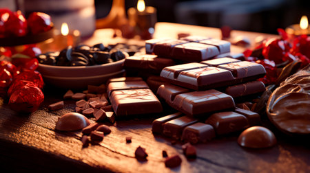 Table topped with lots of chocolates on top of wooden table. Generative AI.の素材