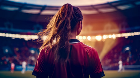The back of woman's head as she stands on soccer field. Generative AI.の素材