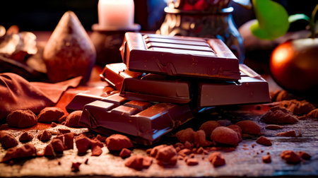 Pile of chocolates sitting on top of table next to candle. Generative AI.の素材