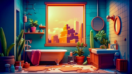 Bathroom with tub, sink and window with view of the city. Generative AI.の素材