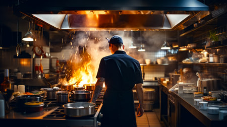 Man standing in the kitchen next to a bunch of pots and pans. Generative AI.の素材