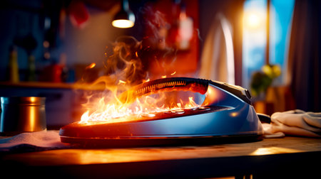 Close up of frying pan on stove with fire coming out of it. Generative AI.の素材
