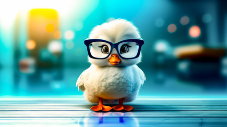 Small white bird wearing glasses on top of wooden floor in front of blurry background. Generative AI.の素材