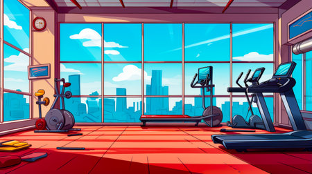 Gym with view of the city outside the window and treadmill in the foreground. Generative AI.の素材