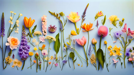 Bunch of flowers that are on blue surface with blue background. Generative AI.の素材