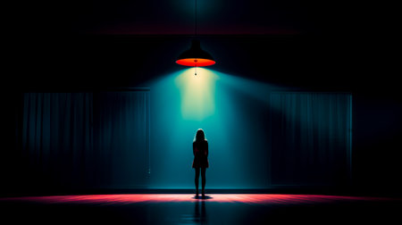 Woman standing in dark room with light on her head and lamp hanging from the ceiling. Generative AI.の素材