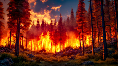 Fire blazing through forest filled with lots of tall grass and trees. Generative AI.の素材