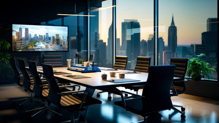 Conference room with view of the city outside of the window and table with laptop on it. Generative AI.の素材
