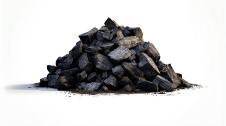 Pile of wood sitting on top of pile of dirt next to white wall. Generative AI.の素材