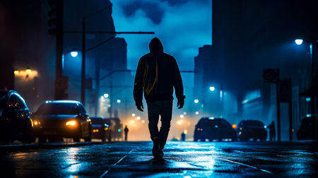Man walking down street in the rain with hoodie on. Generative AI.の素材