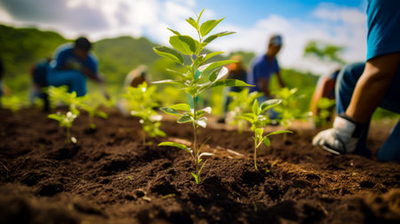 Group of people working in field with young plant in the foreground. Generative AI.の素材