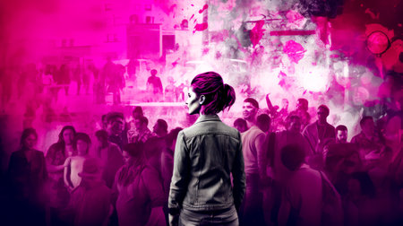 Woman standing in front of crowd of people in pink and black. Generative AI.の素材