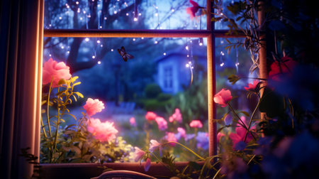 Window with view of garden with pink flowers and butterfly. Generative AI.の素材