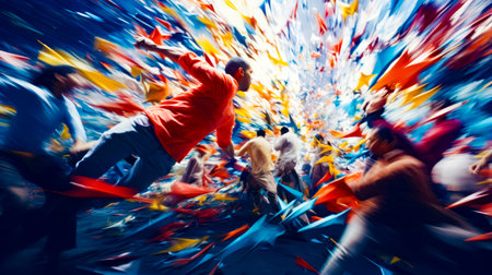 Group of people standing in front of crowd of colorful streamers. Generative AI.の素材