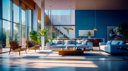 Living room with blue couch and wooden coffee table in front of large window. Generative AI.の素材