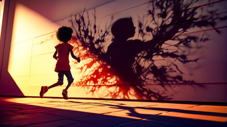 Little girl running in front of wall with shadow of man. Generative AI.の素材