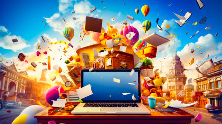 Open laptop computer sitting on top of wooden desk covered in flying objects. Generative AI.の素材