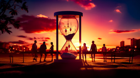Group of people standing in front of hourglass with sunset in the background. Generative AIの素材