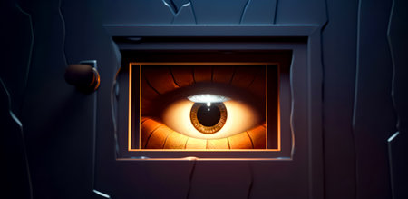 Close up of eye looking through hole in the door of building. Generative AIの素材
