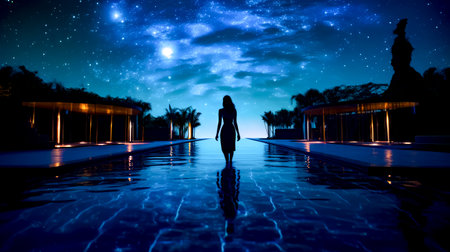 Woman standing in the middle of the pool under night sky filled with stars. Generative AI.の素材