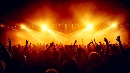 Crowd of people at concert with their hands up in the air. Generative AI.の素材