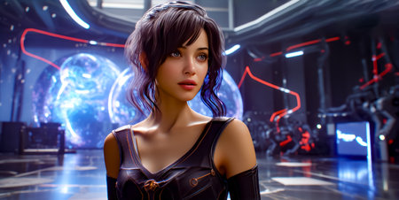 Woman with dark hair and blue eyes in sci - fi setting. Generative AI.の素材
