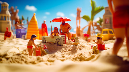 Group of people sitting on top of beach next to car. Generative AI.の素材