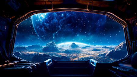 View from inside space station looking at the earth and stars in the sky. Generative AI.の素材