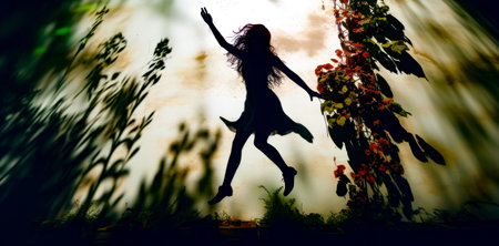 Silhouette of young girl jumping in the air with her arms outstretched. Generative AI.の素材
