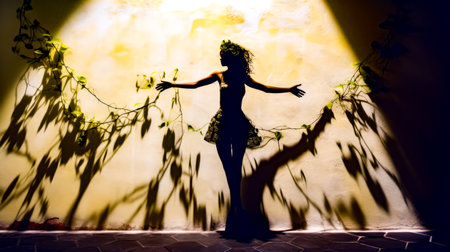 Woman in short dress standing in front of wall with her arms outstretched. Generative AI.の素材