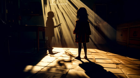 Little girl standing in room with light shining through the window. Generative AI.の素材