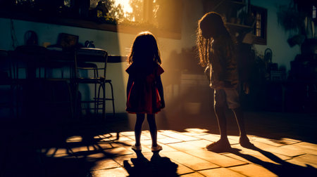 Little girl standing on tile floor next to person in kitchen. Generative AI.の素材