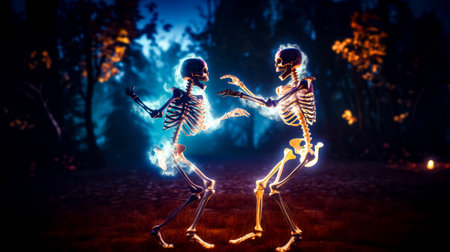 Couple of skeletons dancing in field of grass with trees in the background. Generative AI.の素材