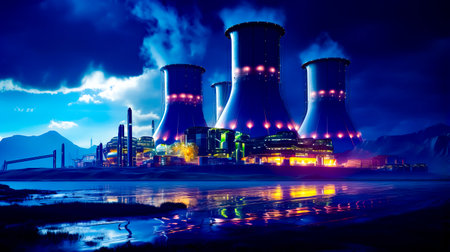 Nuclear power plant at night with body of water in front of it. Generative AI.の素材