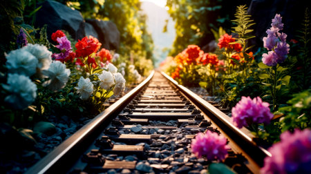 Train track with flowers growing on it's sides and the sun shining through the trees. Generative AI.の素材