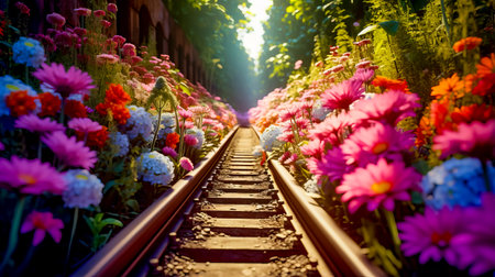 Bunch of flowers that are sitting on rail road track in front of building. Generative AI.の素材
