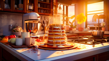 Stack of pancakes sitting on top of kitchen counter next to coffee maker. Generative AI.の素材